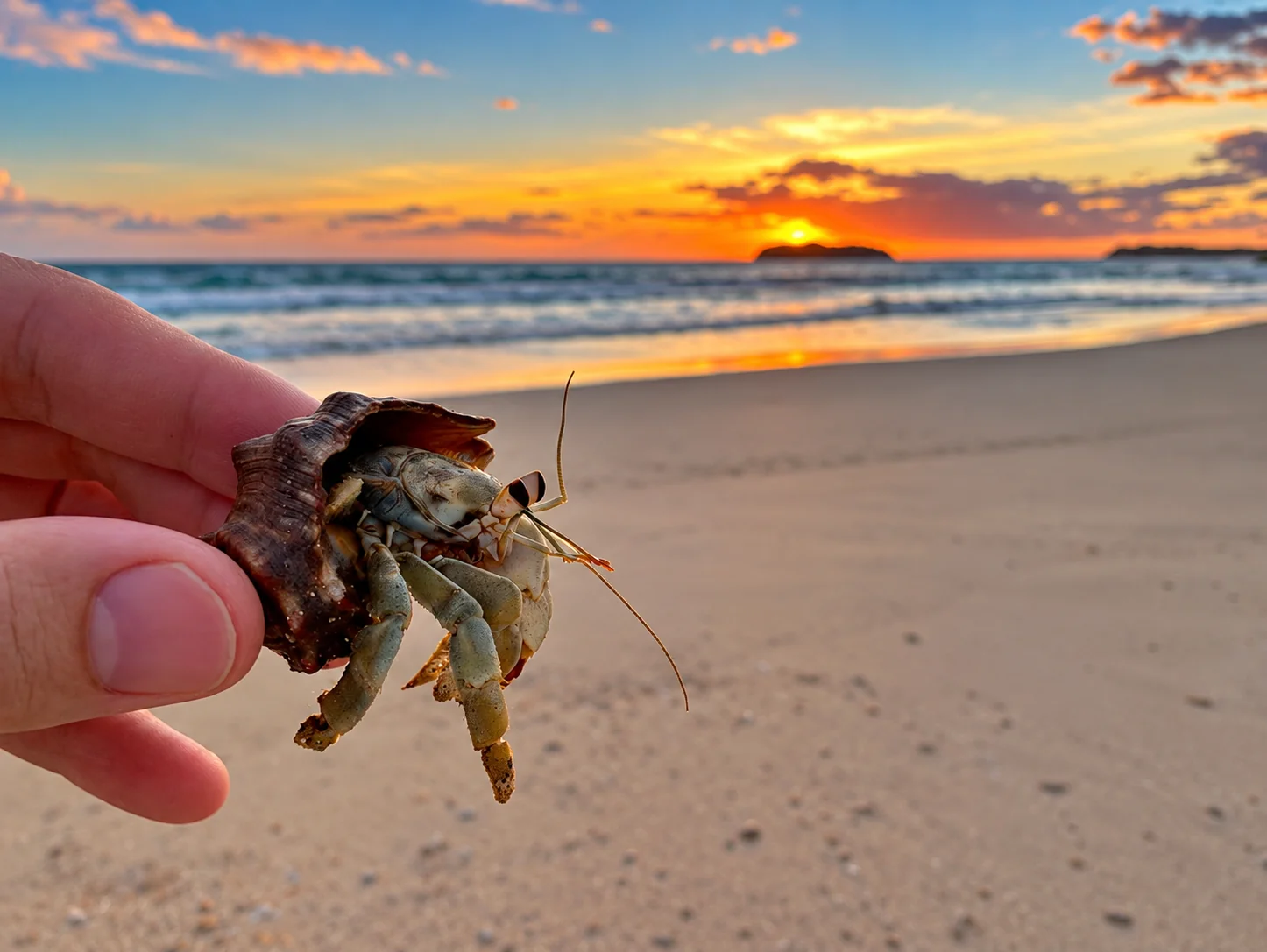 Hermit crab on the Popoyo coast at sunset