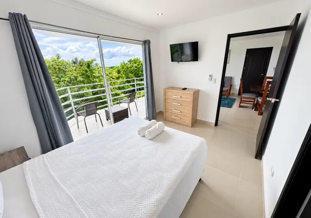 Bedroom with balcony access and a television