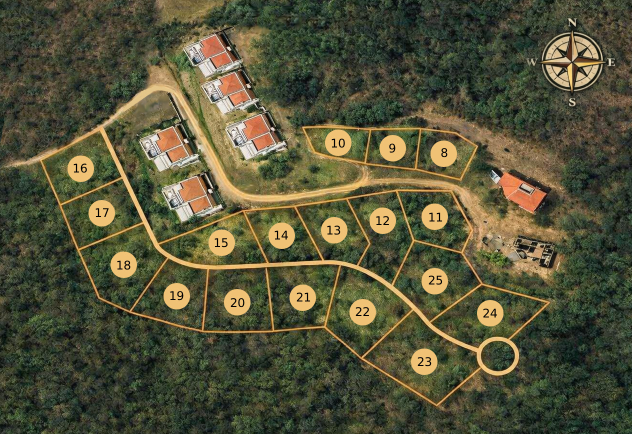 Surf Ranch Popoyo lot plan showing Lots 8 to 25 and internal access roads